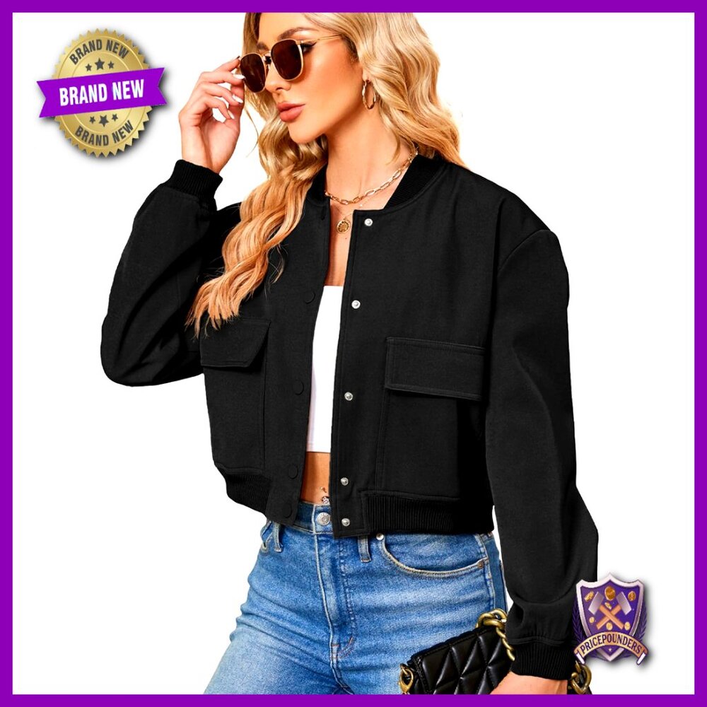 Cropped Bomber Jacket Button Down Long Sleeve Cas… - image 1